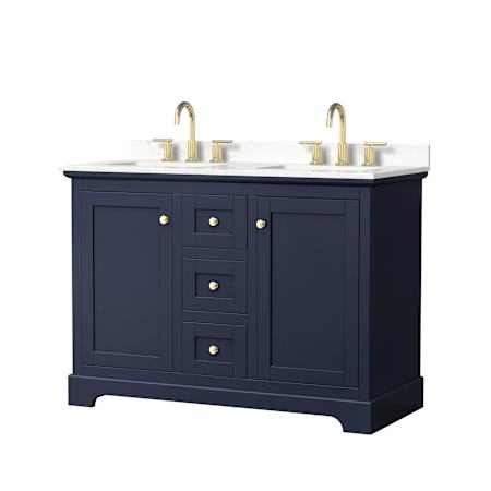 Wyndham Collection Avery 48" Free Standing Double Basin Vanity Set with Cabinet and Quartz Vanity Top Dark Blue / Giotto Quartz Top / Brushed Gold Hardware