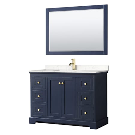 Wyndham Collection Avery 48" Free Standing Single Basin Vanity Set with Cabinet, Cultured Marble Vanity Top, and Framed Mirror Dark Blue / Carrara Cultured Marble Top / Brushed Gold Hardware