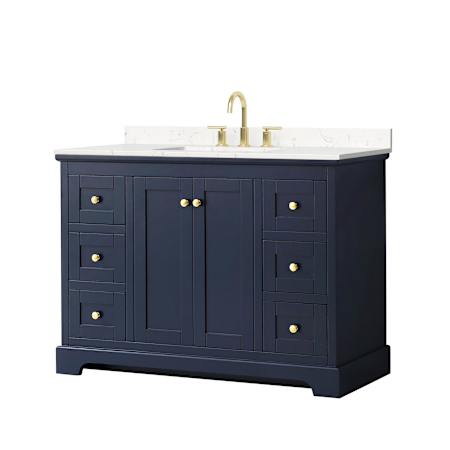 Wyndham Collection Avery 48" Free Standing Single Basin Vanity Set with Cabinet and Cultured Marble Vanity Top for Widespread Faucets Dark Blue / Carrara Cultured Marble Top / Brushed Gold Hardware