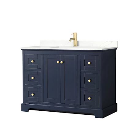 Wyndham Collection Avery 48" Free Standing Single Basin Vanity Set with Cabinet and Quartz Vanity Top Dark Blue / Giotto Quartz Top / Brushed Gold Hardware