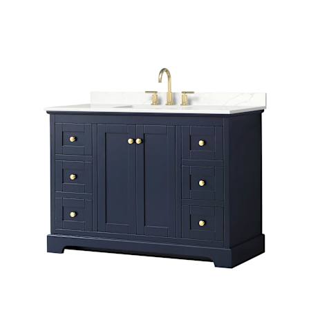 Wyndham Collection Avery 48" Free Standing Single Basin Vanity Set with Cabinet and Quartz Vanity Top Dark Blue / Giotto Quartz Top / Brushed Gold Hardware