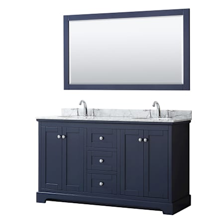 Wyndham Collection Avery 60" Free Standing Double Basin Vanity Set with Cabinet, Marble Vanity Top, and Framed Mirror Dark Blue / Polished Chrome Hardware