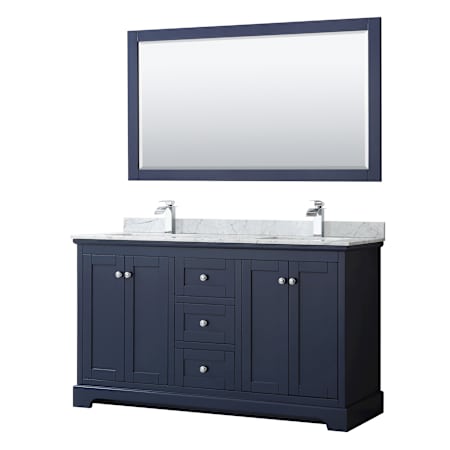 Wyndham Collection Avery 60" Free Standing Double Basin Vanity Set with Cabinet, Marble Vanity Top, and Framed Mirror Dark Blue / Polished Chrome Hardware