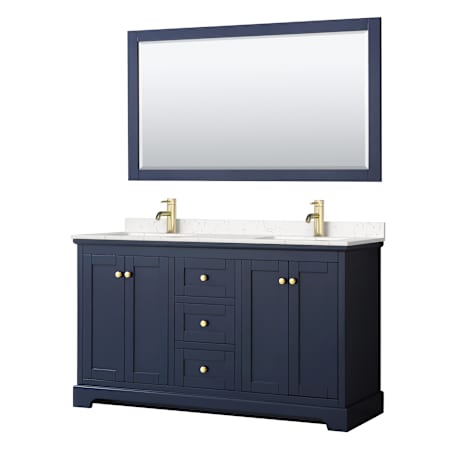 Wyndham Collection Avery 60" Free Standing Double Basin Vanity Set with Cabinet, Cultured Marble Vanity Top, and Framed Mirror Dark Blue / Carrara Cultured Marble Top / Brushed Gold Hardware