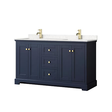 Wyndham Collection Avery 60" Free Standing Double Basin Vanity Set with Cabinet and Cultured Marble Vanity Top Dark Blue / Carrara Cultured Marble Top / Brushed Gold Hardware