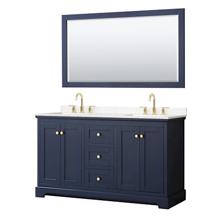 Wyndham Collection Avery 60" Free Standing Double Basin Vanity Set with Cabinet, Cultured Marble Vanity Top for Widespread Faucets, and Framed Mirror Dark Blue / Carrara Cultured Marble Top / Brushed Gold Hardware