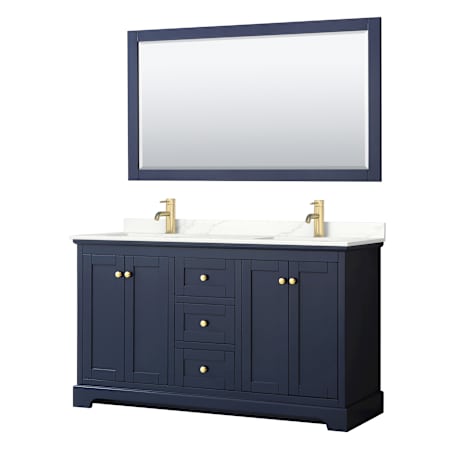 Wyndham Collection Avery 60" Free Standing Double Basin Vanity Set with Cabinet, Quartz Vanity Top, and Framed Mirror Dark Blue / Giotto Quartz Top / Brushed Gold Hardware