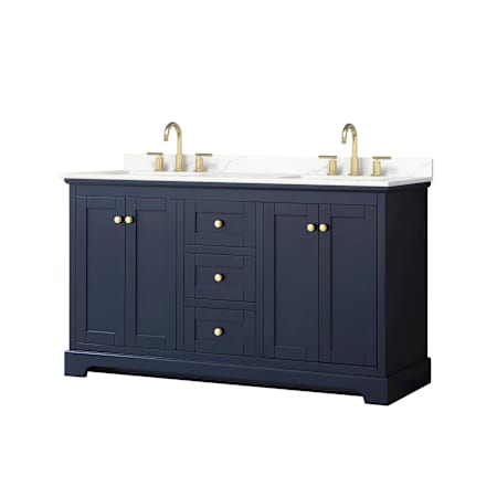 Wyndham Collection Avery 60" Free Standing Double Basin Vanity Set with Cabinet and Quartz Vanity Top Dark Blue / Giotto Quartz Top / Brushed Gold Hardware