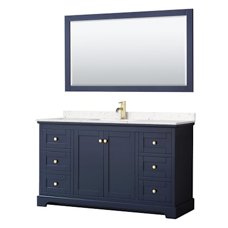 Wyndham Collection Avery 60" Free Standing Single Basin Vanity Set with Cabinet, Cultured Marble Vanity Top, and Framed Mirror Dark Blue / Carrara Cultured Marble Top / Brushed Gold Hardware