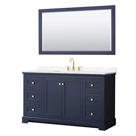 Wyndham Collection Avery 60" Free Standing Single Basin Vanity Set with Cabinet, Cultured Marble Vanity Top for Widespread Faucets, and Framed Mirror Dark Blue / Carrara Cultured Marble Top / Brushed Gold Hardware
