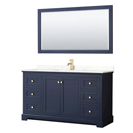 Wyndham Collection Avery 60" Free Standing Single Basin Vanity Set with Cabinet, Quartz Vanity Top, and Framed Mirror Dark Blue / Giotto Quartz Top / Brushed Gold Hardware