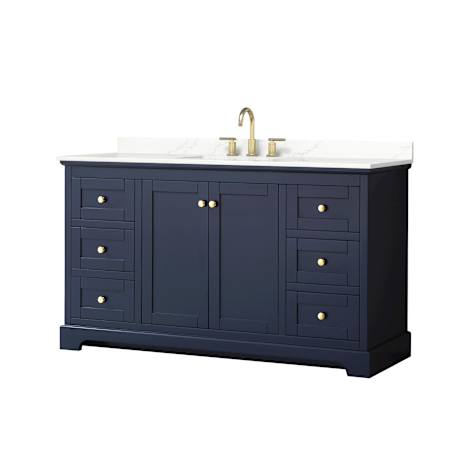 Wyndham Collection Avery 60" Free Standing Single Basin Vanity Set with Cabinet and Quartz Vanity Top Dark Blue / Giotto Quartz Top / Brushed Gold Hardware