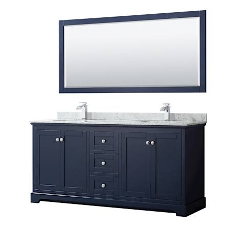 Wyndham Collection Avery 72" Free Standing Double Basin Vanity Set with Cabinet, Marble Vanity Top, and Framed Mirror Dark Blue / Polished Chrome Hardware