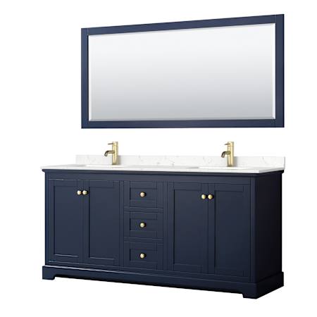 Wyndham Collection Avery 72" Free Standing Double Basin Vanity Set with Cabinet, Cultured Marble Vanity Top, and Framed Mirror Dark Blue / Carrara Cultured Marble Top / Brushed Gold Hardware