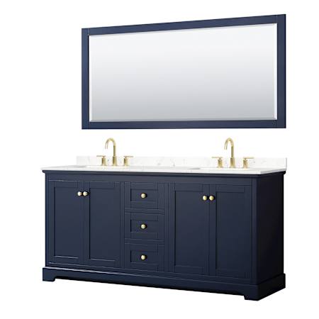 Wyndham Collection Avery 72" Free Standing Double Basin Vanity Set with Cabinet, Cultured Marble Vanity Top for Widespread Faucets, and Framed Mirror Dark Blue / Carrara Cultured Marble Top / Brushed Gold Hardware