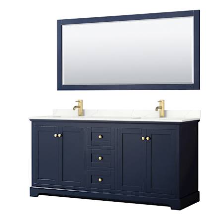 Wyndham Collection Avery 72" Free Standing Double Basin Vanity Set with Cabinet, Quartz Vanity Top, and Framed Mirror Dark Blue / Giotto Quartz Top / Brushed Gold Hardware
