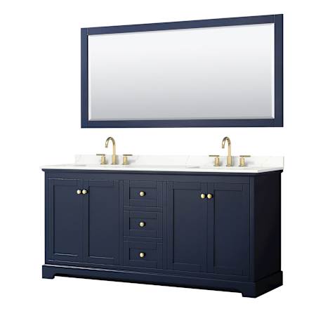 Wyndham Collection Avery 72" Free Standing Double Basin Vanity Set with Cabinet, Quartz Vanity Top, and Framed Mirror Dark Blue / Giotto Quartz Top / Brushed Gold Hardware