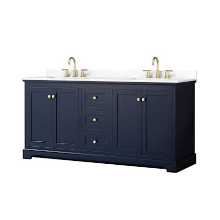 Wyndham Collection Avery 72" Free Standing Double Basin Vanity Set with Cabinet and Quartz Vanity Top Dark Blue / Giotto Quartz Top / Brushed Gold Hardware