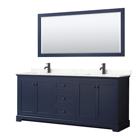 Wyndham Collection Avery 80" Free Standing Double Basin Vanity Set with Cabinet, Quartz Vanity Top, and Framed Mirror Dark Blue / Giotto Quartz Top / Matte Black Hardware