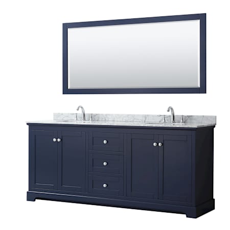 Wyndham Collection Avery 80" Free Standing Double Basin Vanity Set with Cabinet, Marble Vanity Top, and Framed Mirror Dark Blue / Polished Chrome Hardware