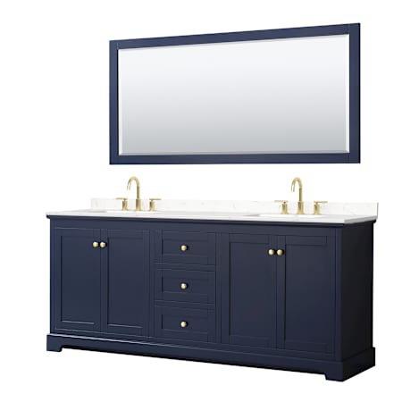 Wyndham Collection Avery 80" Free Standing Double Basin Vanity Set with Cabinet, Cultured Marble Vanity Top for Widespread Faucets, and Framed Mirror Dark Blue / Carrara Cultured Marble Top / Brushed Gold Hardware