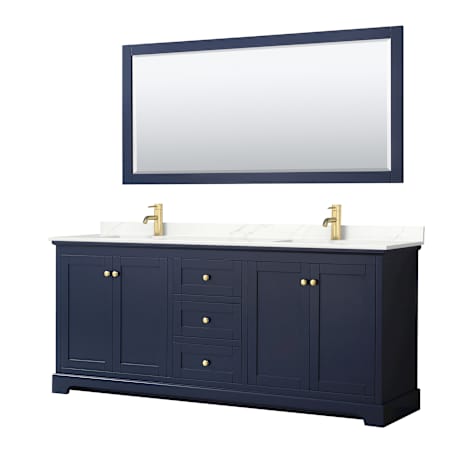 Wyndham Collection Avery 80" Free Standing Double Basin Vanity Set with Cabinet, Quartz Vanity Top, and Framed Mirror Dark Blue / Giotto Quartz Top / Brushed Gold Hardware