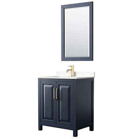 Wyndham Collection Daria 30" Free Standing Single Basin Vanity Set with Cabinet, Cultured Marble Vanity Top, and Framed Mirror Dark Blue / Carrara Cultured Marble Top / Brushed Gold Hardware