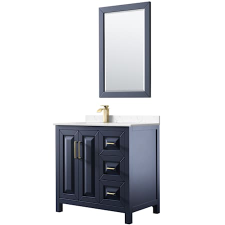 Wyndham Collection Daria 36" Free Standing Single Basin Vanity Set with Cabinet, Cultured Marble Vanity Top, and Framed Mirror Dark Blue / Carrara Cultured Marble Top / Brushed Gold Hardware