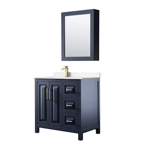 Wyndham Collection Daria 36" Free Standing Single Basin Vanity Set with Cabinet, Cultured Marble Vanity Top, and Medicine Cabinet Dark Blue / Carrara Cultured Marble Top / Brushed Gold Hardware