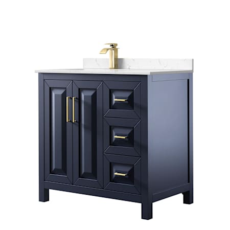 Wyndham Collection Daria 36" Free Standing Single Basin Vanity Set with Cabinet and Cultured Marble Vanity Top Dark Blue / Carrara Cultured Marble Top / Brushed Gold Hardware