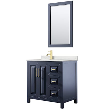 Wyndham Collection Daria 36" Free Standing Single Basin Vanity Set with Cabinet, Quartz Vanity Top, and Framed Mirror Dark Blue / Giotto Quartz Top / Brushed Gold Hardware
