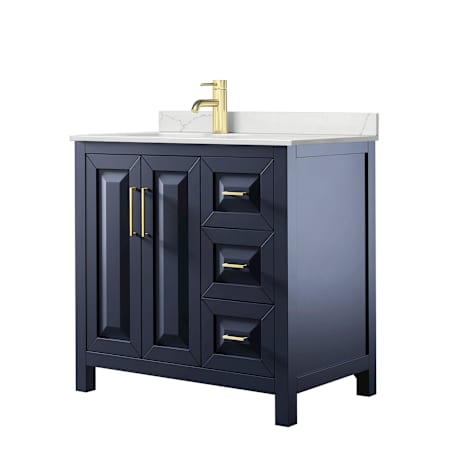 Wyndham Collection Daria 36" Free Standing Single Basin Vanity Set with Cabinet and Quartz Vanity Top Dark Blue / Giotto Quartz Top / Brushed Gold Hardware