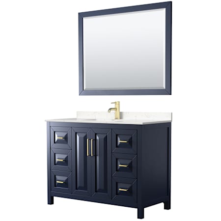 Wyndham Collection Daria 48" Free Standing Single Basin Vanity Set with Cabinet, Cultured Marble Vanity Top, and Framed Mirror Dark Blue / Carrara Cultured Marble Top / Brushed Gold Hardware