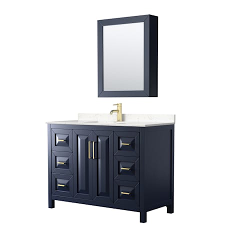 Wyndham Collection Daria 48" Free Standing Single Basin Vanity Set with Cabinet, Cultured Marble Vanity Top, and Medicine Cabinet Dark Blue / Carrara Cultured Marble Top / Brushed Gold Hardware