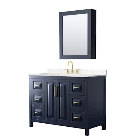 Wyndham Collection Daria 48" Free Standing Single Basin Vanity Set with Cabinet, Cultured Marble Vanity Top for Widespread Faucets, and Medicine Cabinet Dark Blue / Carrara Cultured Marble Top / Brushed Gold Hardware
