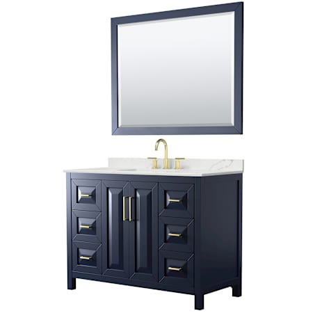 Wyndham Collection Daria 48" Free Standing Single Basin Vanity Set with Cabinet, Quartz Vanity Top, and Framed Mirror Dark Blue / Giotto Quartz Top / Brushed Gold Hardware