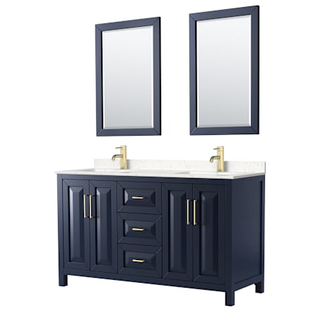 Wyndham Collection Daria 60" Free Standing Double Basin Vanity Set with Cabinet, Cultured Marble Vanity Top, and Framed Mirror Dark Blue / Carrara Cultured Marble Top / Brushed Gold Hardware