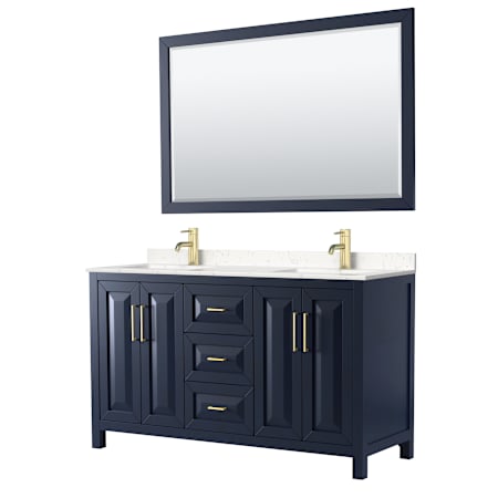 Wyndham Collection Daria 60" Free Standing Double Basin Vanity Set with Cabinet, Cultured Marble Vanity Top, and Framed Mirror Dark Blue / Carrara Cultured Marble Top / Brushed Gold Hardware