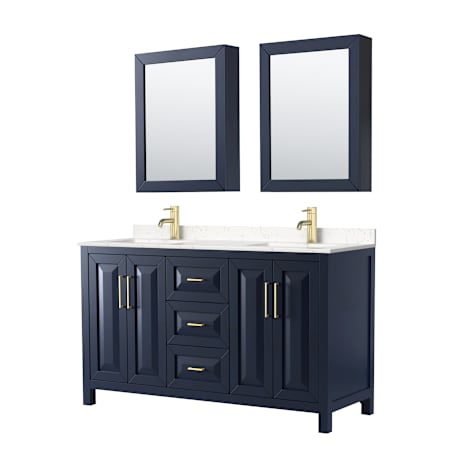 Wyndham Collection Daria 60" Free Standing Double Basin Vanity Set with Cabinet, Cultured Marble Vanity Top, and Medicine Cabinet Dark Blue / Carrara Cultured Marble Top / Brushed Gold Hardware