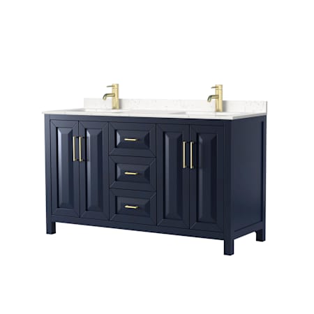 Wyndham Collection Daria 60" Free Standing Double Basin Vanity Set with Cabinet and Cultured Marble Vanity Top Dark Blue / Carrara Cultured Marble Top / Brushed Gold Hardware