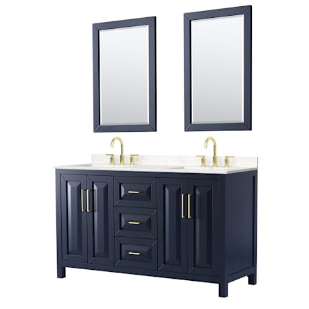 Wyndham Collection Daria 60" Free Standing Double Basin Vanity Set with Cabinet, Cultured Marble Vanity Top for Widespread Faucets, and Framed Mirror Set Dark Blue / Carrara Cultured Marble Top / Brushed Gold Hardware