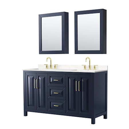 Wyndham Collection Daria 60" Free Standing Double Basin Vanity Set with Cabinet, Cultured Marble Vanity Top for Widespread Faucets, and Medicine Cabinet Dark Blue / Carrara Cultured Marble Top / Brushed Gold Hardware