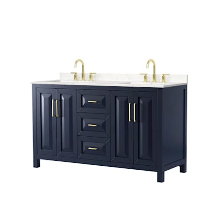 Wyndham Collection Daria 60" Free Standing Double Basin Vanity Set with Cabinet and Cultured Marble Vanity Top for Widespread Faucets Dark Blue / Carrara Cultured Marble Top / Brushed Gold Hardware