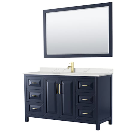 Wyndham Collection Daria 60" Free Standing Single Basin Vanity Set with Cabinet, Quartz Vanity Top, and Framed Mirror Dark Blue / Giotto Quartz Top / Brushed Gold Hardware