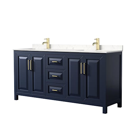 Wyndham Collection Daria 72" Free Standing Double Basin Vanity Set with Cabinet and Cultured Marble Vanity Top Dark Blue / Carrara Cultured Marble Top / Brushed Gold Hardware
