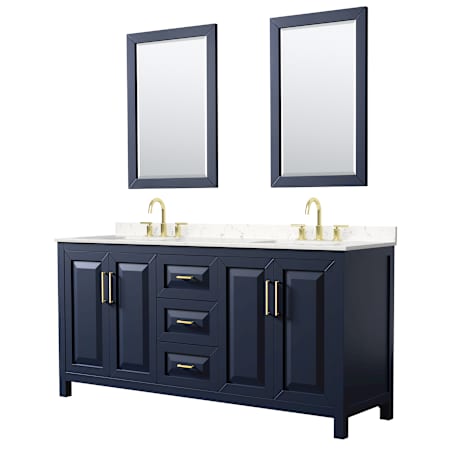 Wyndham Collection Daria 72" Free Standing Double Basin Vanity Set with Cabinet, Cultured Marble Vanity Top for Widespread Faucets, and Framed Mirror Set Dark Blue / Carrara Cultured Marble Top / Brushed Gold Hardware