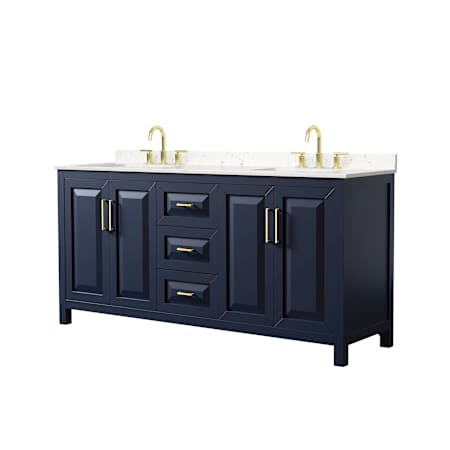 Wyndham Collection Daria 72" Free Standing Double Basin Vanity Set with Cabinet and Cultured Marble Vanity Top for Widespread Faucets Dark Blue / Carrara Cultured Marble Top / Brushed Gold Hardware