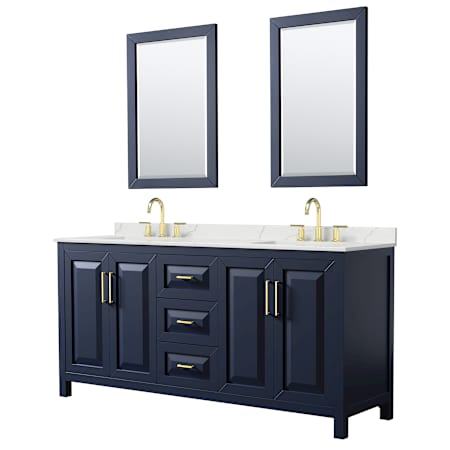 Wyndham Collection Daria 72" Free Standing Double Basin Vanity Set with Cabinet, Quartz Vanity Top, and Framed Mirror Dark Blue / Giotto Quartz Top / Brushed Gold Hardware