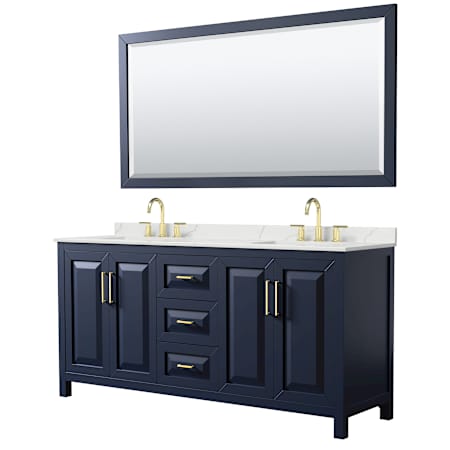 Wyndham Collection Daria 72" Free Standing Double Basin Vanity Set with Cabinet, Quartz Vanity Top, and Framed Mirror Dark Blue / Giotto Quartz Top / Brushed Gold Hardware
