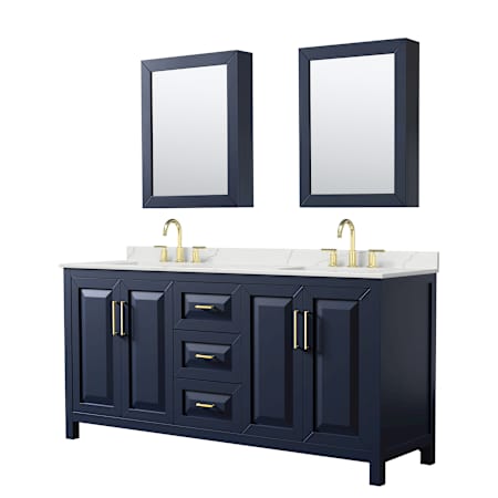 Wyndham Collection Daria 72" Free Standing Double Basin Vanity Set with Cabinet, Quartz Vanity Top, and Medicine Cabinet Dark Blue / Giotto Quartz Top / Brushed Gold Hardware